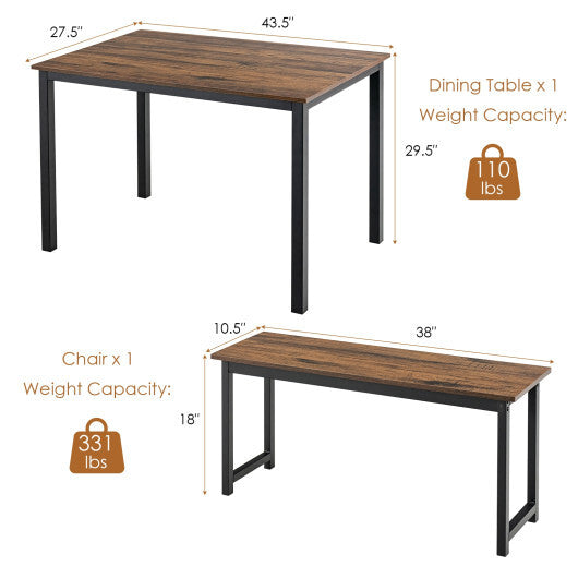 3 Pieces Dining Table Set with 2 Benches for Dining Room Kitchen Bar-Brown W2B