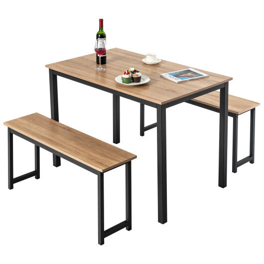 3 Pieces Dining Table Set with 2 Benches for Dining Room Kitchen Bar-Brown W2B