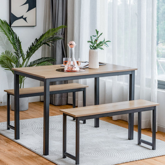 3 Pieces Dining Table Set with 2 Benches for Dining Room Kitchen Bar-Brown W2B