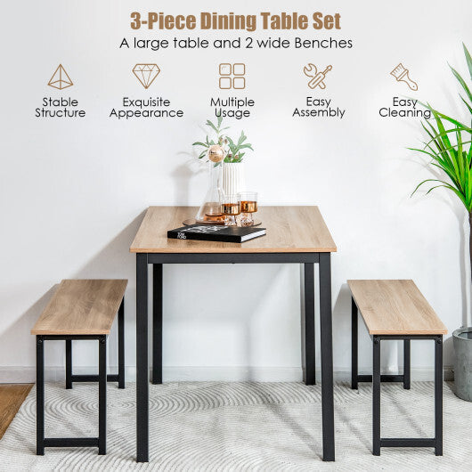 3 Pieces Dining Table Set with 2 Benches for Dining Room Kitchen Bar-Brown W2B
