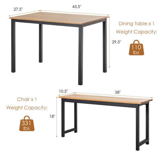 3 Pieces Dining Table Set with 2 Benches for Dining Room Kitchen Bar-Brown W2B