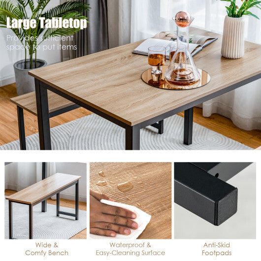 3 Pieces Dining Table Set with 2 Benches for Dining Room Kitchen Bar-Brown W2B