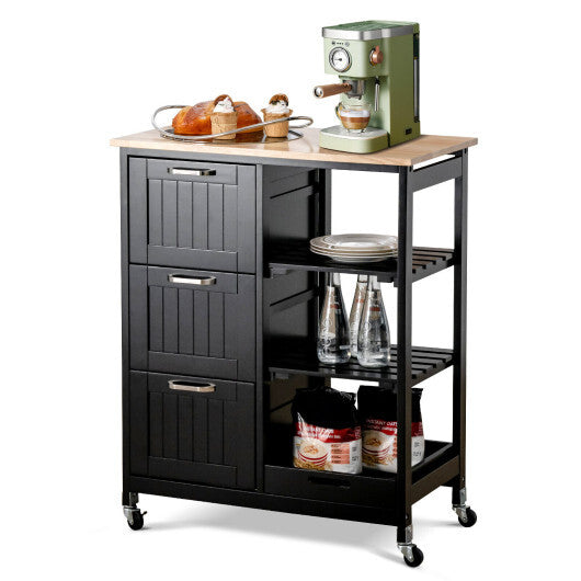 Kitchen Island Cart on Wheels with Rubber Wood Top and 3 Drawersand Removable Tray-Gray