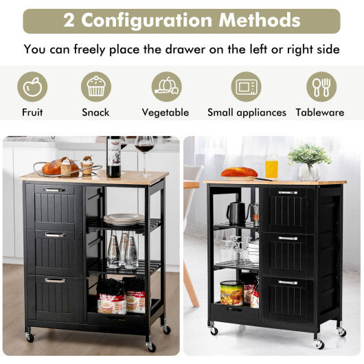 Kitchen Island Cart on Wheels with Rubber Wood Top and 3 Drawersand Removable Tray-Gray