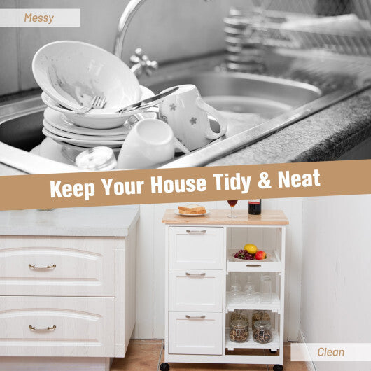 Kitchen Island Cart on Wheels with Rubber Wood Top and 3 Drawersand Removable Tray-Gray