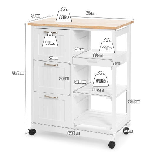 Kitchen Island Cart on Wheels with Rubber Wood Top and 3 Drawersand Removable Tray-Gray