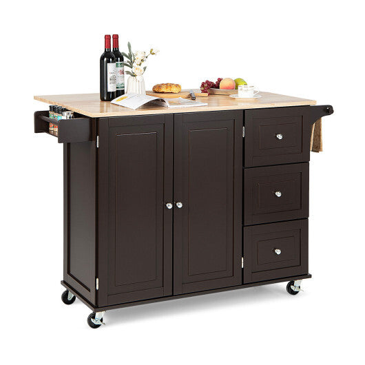 Kitchen Island Trolley Cart Wood with Drop-Leaf Tabletop and Storage Cabinet-Black