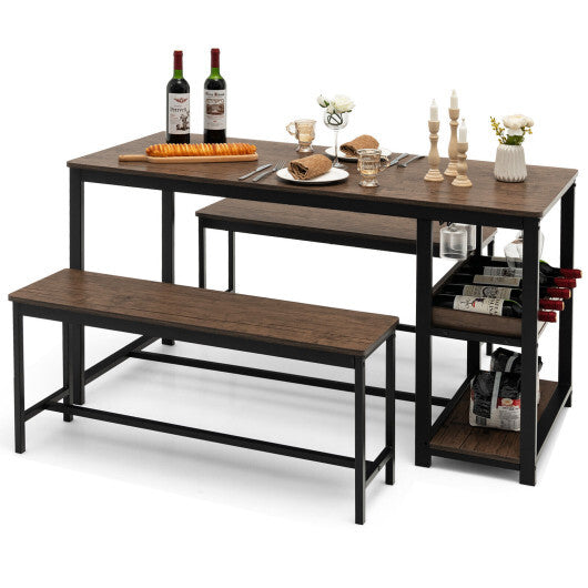 3 Pieces Dining Table Set for 4 with Wine Rack-Brown W2B