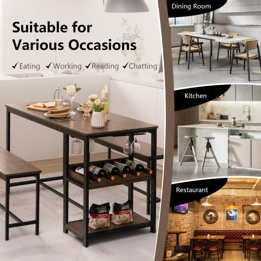 3 Pieces Dining Table Set for 4 with Wine Rack-Brown W2B