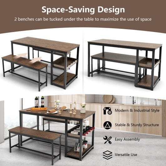 3 Pieces Dining Table Set for 4 with Wine Rack-Brown W2B