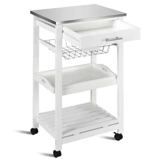 Kitchen Island Cart with Stainless Steel Tabletop and Basket-White W2B