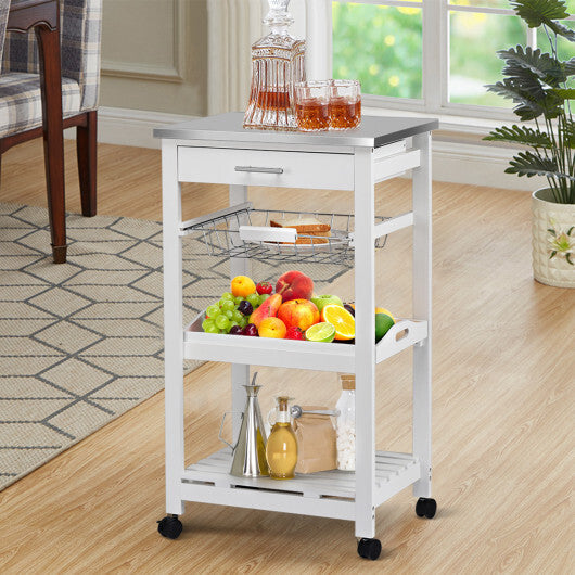 Kitchen Island Cart with Stainless Steel Tabletop and Basket-White W2B
