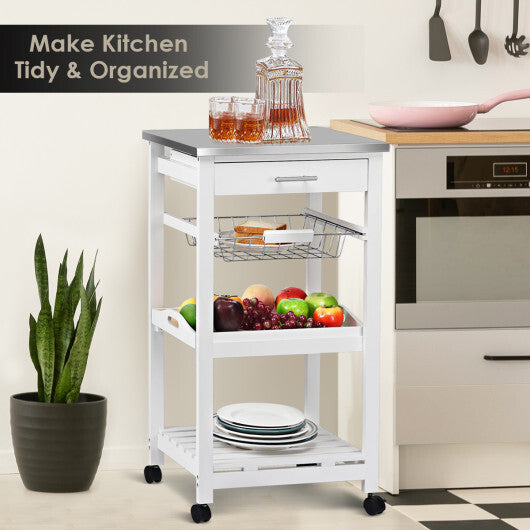 Kitchen Island Cart with Stainless Steel Tabletop and Basket-White W2B