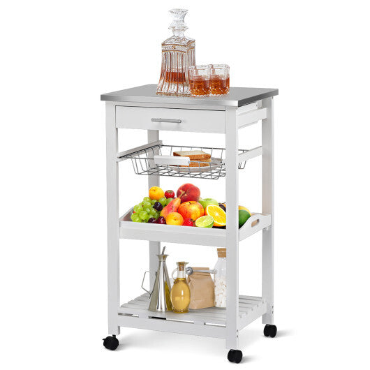 Kitchen Island Cart with Stainless Steel Tabletop and Basket-White W2B