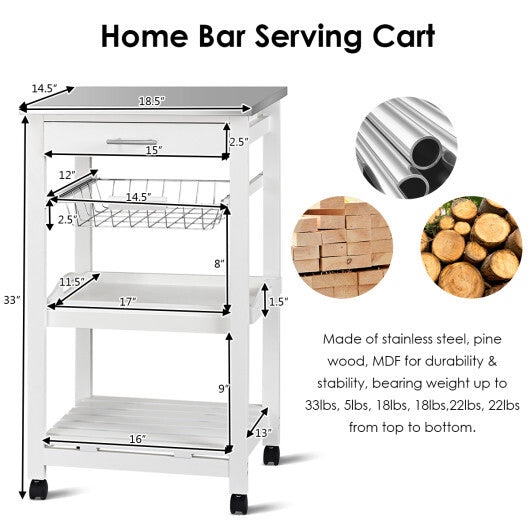 Kitchen Island Cart with Stainless Steel Tabletop and Basket-White W2B