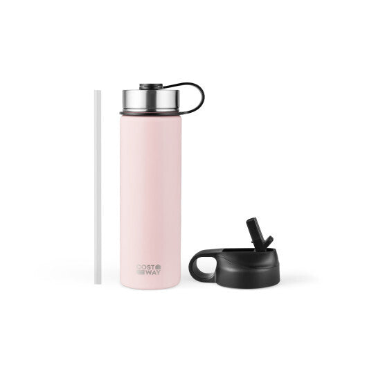 22 Oz Double-walled Insulated Stainless Steel Water Bottle with 2 Lids and Straw-Pink - Color: Pink W2B