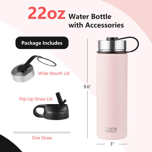 22 Oz Double-walled Insulated Stainless Steel Water Bottle with 2 Lids and Straw-Pink - Color: Pink W2B