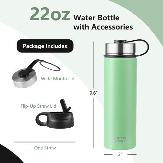 22 Oz Double-walled Insulated Stainless Steel Water Bottle with 2 Lids and Straw-Green - Color: Green W2B