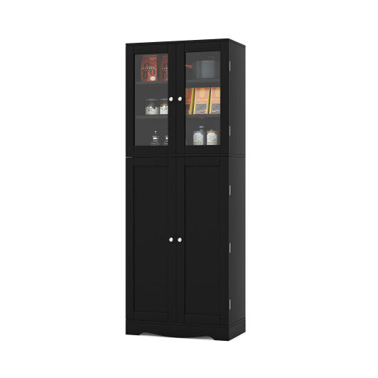Tall Kitchen Pantry Cabinet with Dual Tempered Glass Doors and Shelves-Black W2B