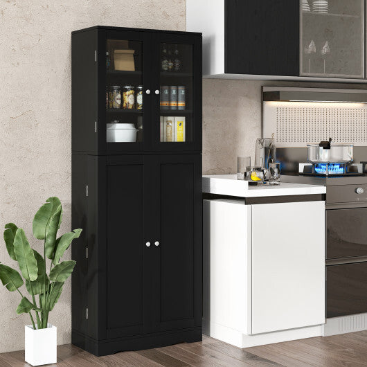 Tall Kitchen Pantry Cabinet with Dual Tempered Glass Doors and Shelves-Black W2B