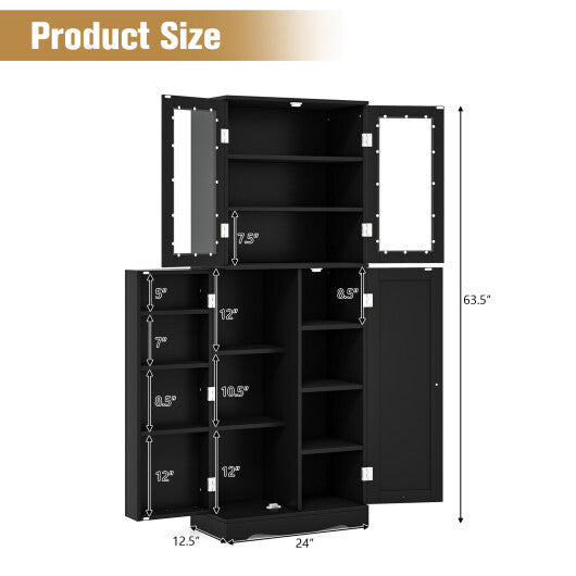 Tall Kitchen Pantry Cabinet with Dual Tempered Glass Doors and Shelves-Black W2B