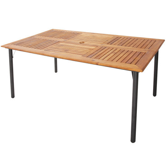Patio Acacia Wood Dining Table with Umbrella Hole and Metal Legs W2B