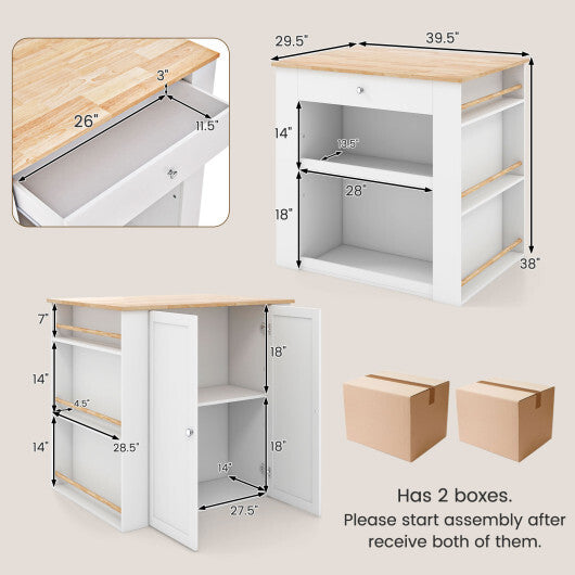 Modern Kitchen Island with Rubber Wood Countertop and Storage-White W2B
