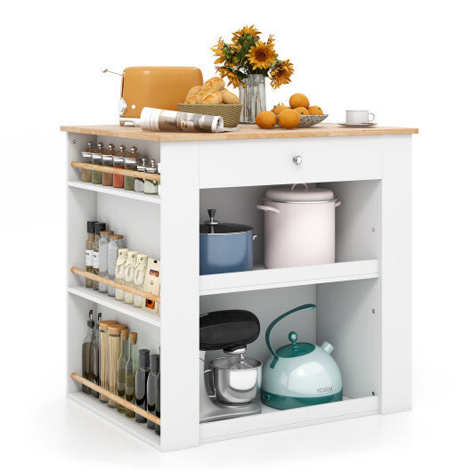 Modern Kitchen Island with Rubber Wood Countertop and Storage-White W2B