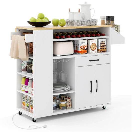 Rolling Kitchen Island Cart with Power Outlet for Dining Room-White and Natural W2B