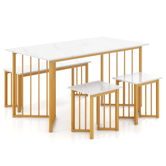 4 Piece Dining Table Set with Bench and 2 Stools-White W2B