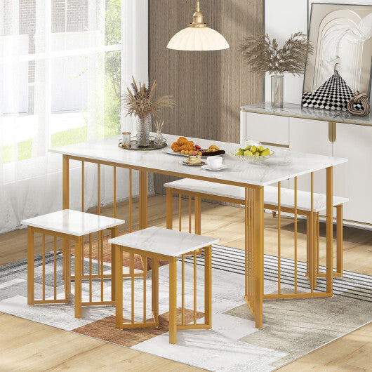 4 Piece Dining Table Set with Bench and 2 Stools-White W2B