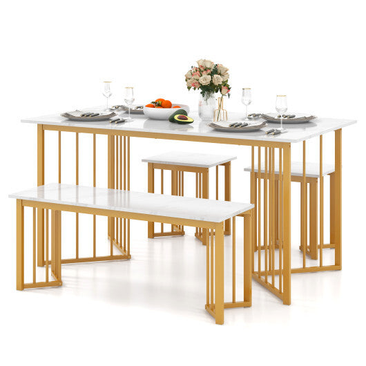 4 Piece Dining Table Set with Bench and 2 Stools-White W2B