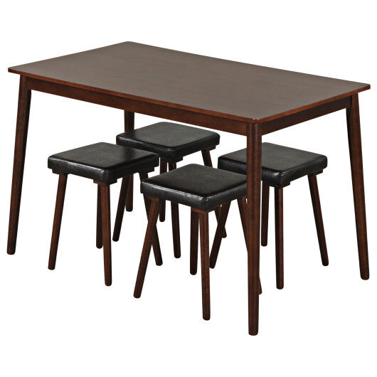 5 Piece Dining Table Set for 4 with 4 Upholstered Stools and Rubber Wood Legs-Brown W2B