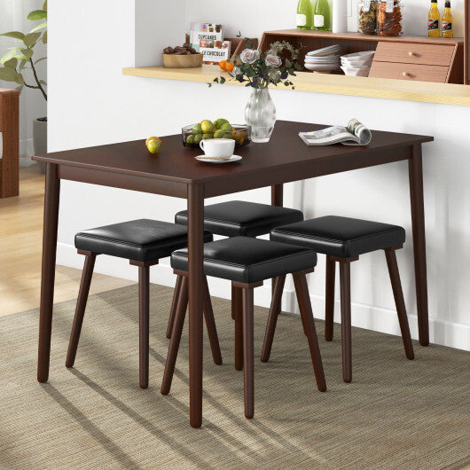 5 Piece Dining Table Set for 4 with 4 Upholstered Stools and Rubber Wood Legs-Brown W2B