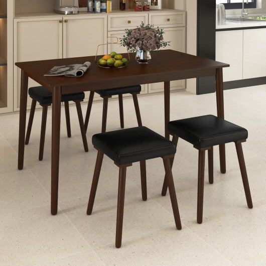 5 Piece Dining Table Set for 4 with 4 Upholstered Stools and Rubber Wood Legs-Brown W2B