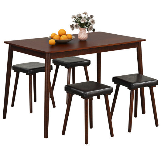 5 Piece Dining Table Set for 4 with 4 Upholstered Stools and Rubber Wood Legs-Brown W2B