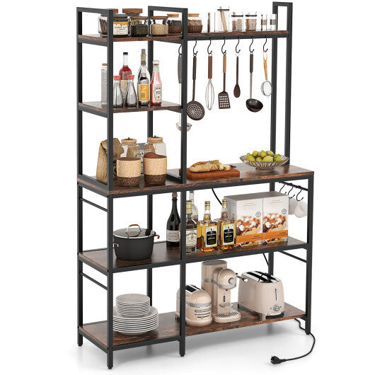 5-Tier Bakers Rack with Power Outlets and 10 S-Shaped Hooks-Rustic Brown W2B