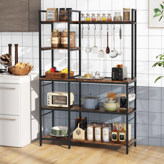 5-Tier Bakers Rack with Power Outlets and 10 S-Shaped Hooks-Rustic Brown W2B
