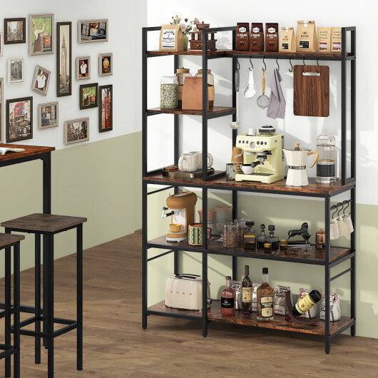 5-Tier Bakers Rack with Power Outlets and 10 S-Shaped Hooks-Rustic Brown W2B
