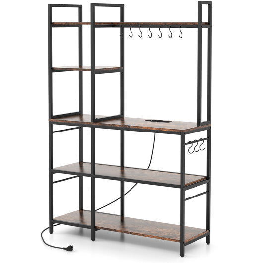 5-Tier Bakers Rack with Power Outlets and 10 S-Shaped Hooks-Rustic Brown W2B