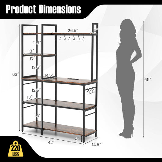 5-Tier Bakers Rack with Power Outlets and 10 S-Shaped Hooks-Rustic Brown W2B