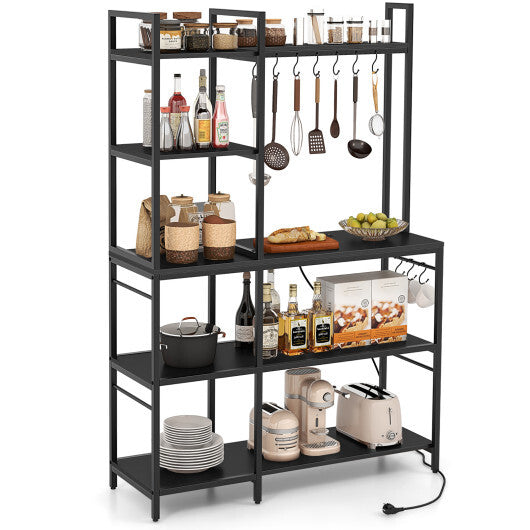 5-Tier Bakers Rack with Power Outlets and 10 S-Shaped Hooks-Rustic Brown W2B