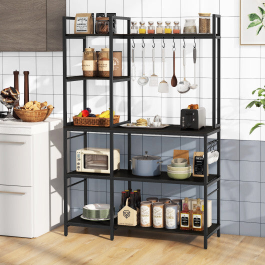 5-Tier Bakers Rack with Power Outlets and 10 S-Shaped Hooks-Rustic Brown W2B