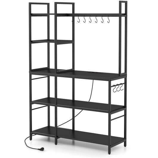 5-Tier Bakers Rack with Power Outlets and 10 S-Shaped Hooks-Rustic Brown W2B