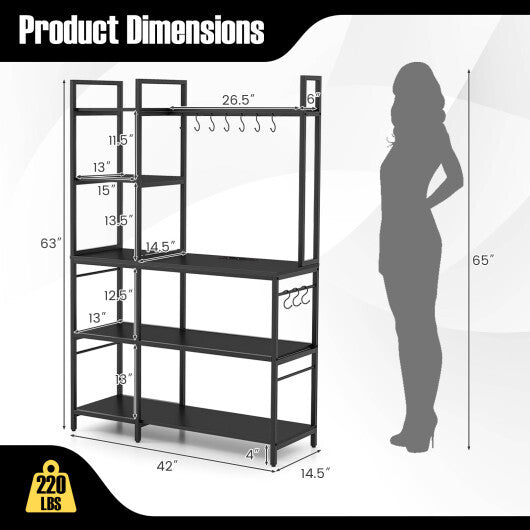5-Tier Bakers Rack with Power Outlets and 10 S-Shaped Hooks-Rustic Brown W2B