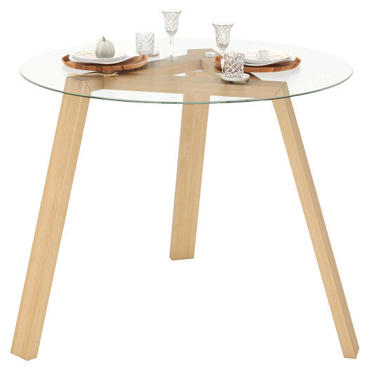 36 Inches Round Glass Dining Table for 4 with Rubber Wood Frame-Natural W2B