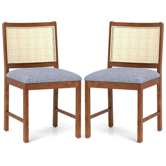 Rattan Dining Chair Set of 2 with Rubber Wood Frame and Linen Fabric Padded Seat-Walnut W2B