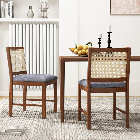 Rattan Dining Chair Set of 2 with Rubber Wood Frame and Linen Fabric Padded Seat-Walnut W2B