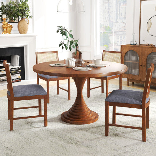 Rattan Dining Chair Set of 2 with Rubber Wood Frame and Linen Fabric Padded Seat-Walnut W2B