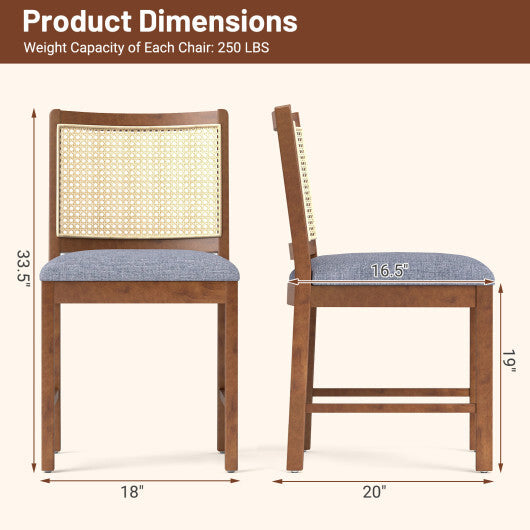 Rattan Dining Chair Set of 2 with Rubber Wood Frame and Linen Fabric Padded Seat-Walnut W2B